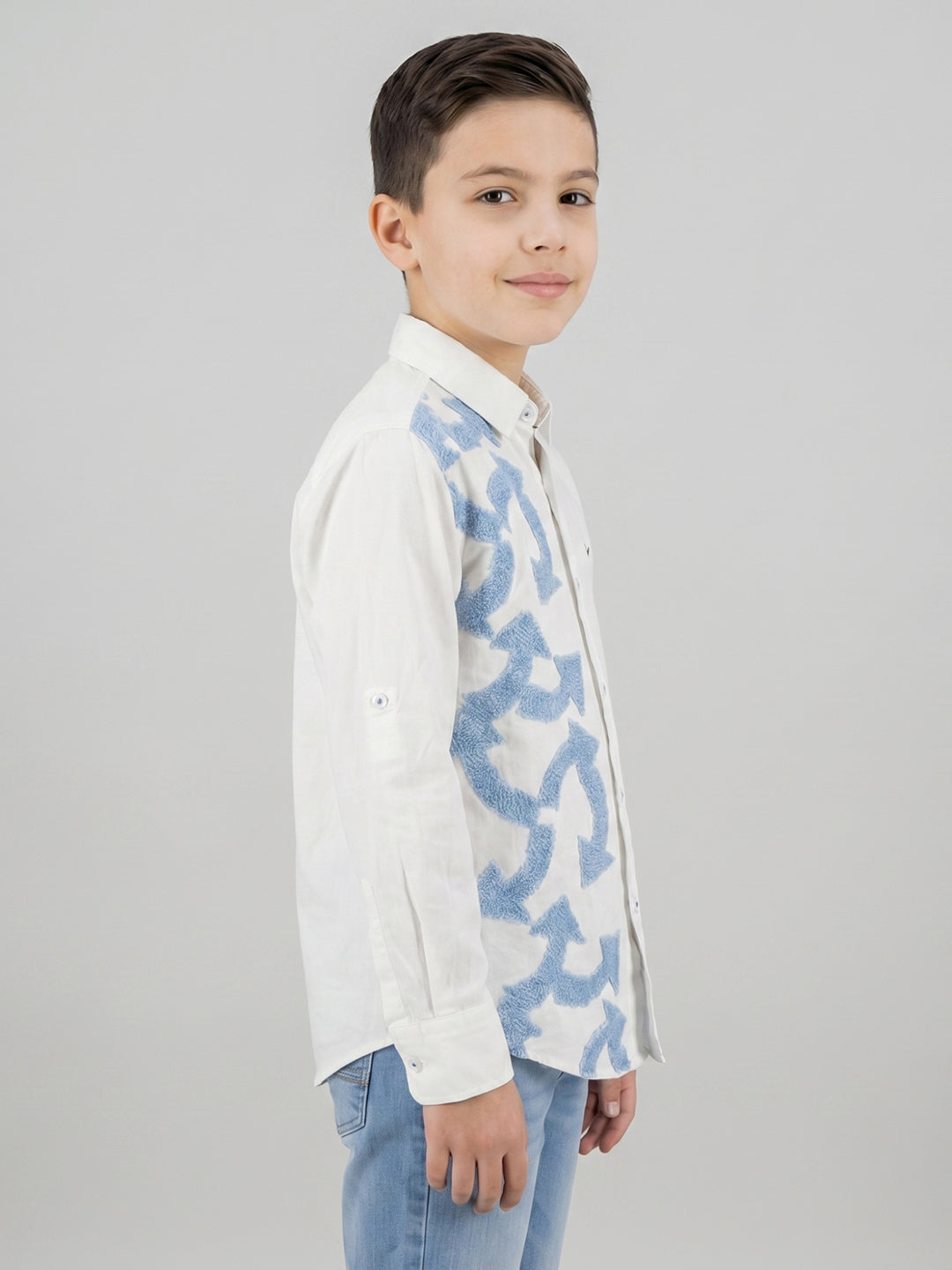 Boys White Self Design Collar Full Sleeve Shirt