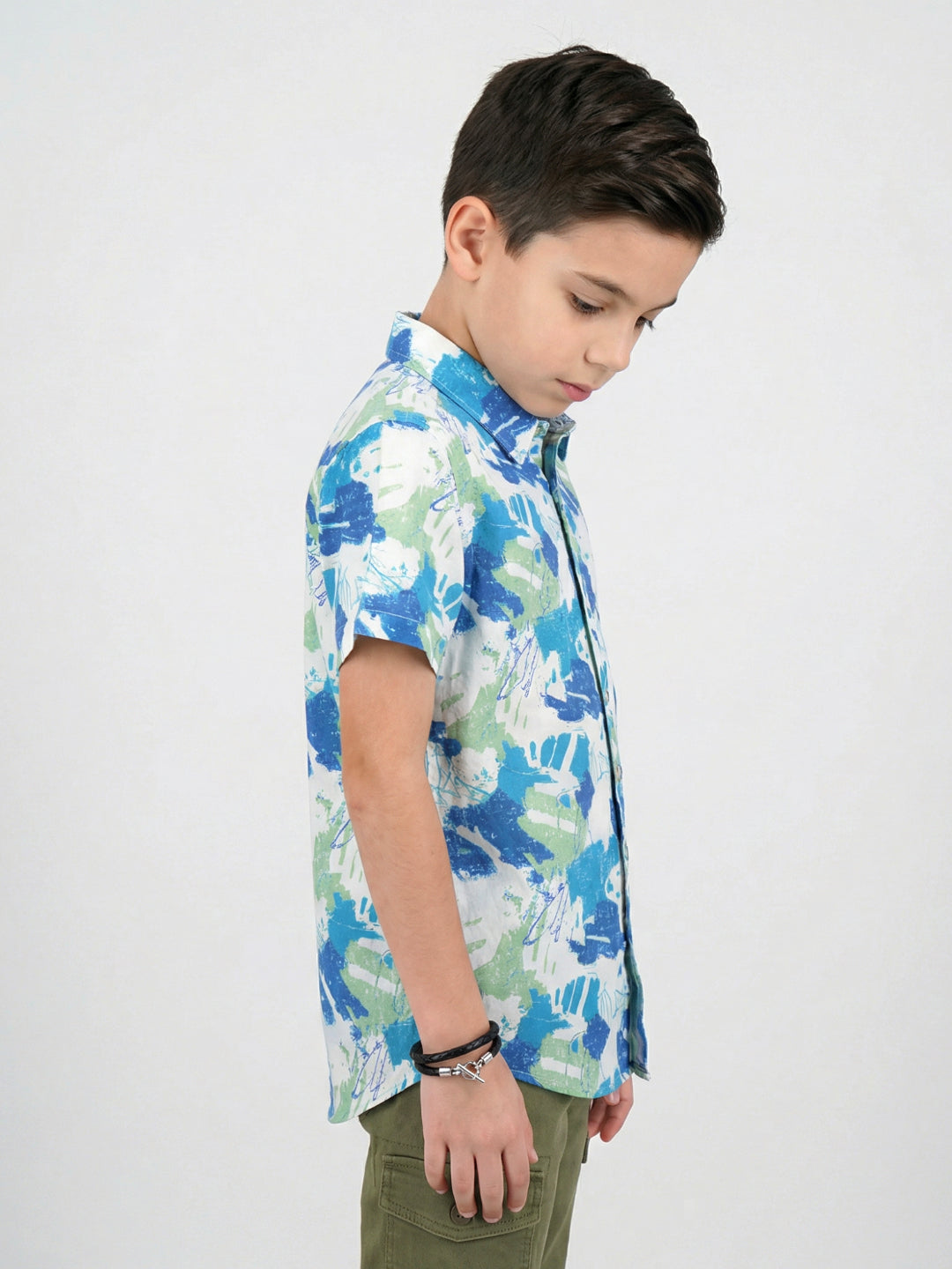 Boys White Printed Collar Half Sleeve Shirt
