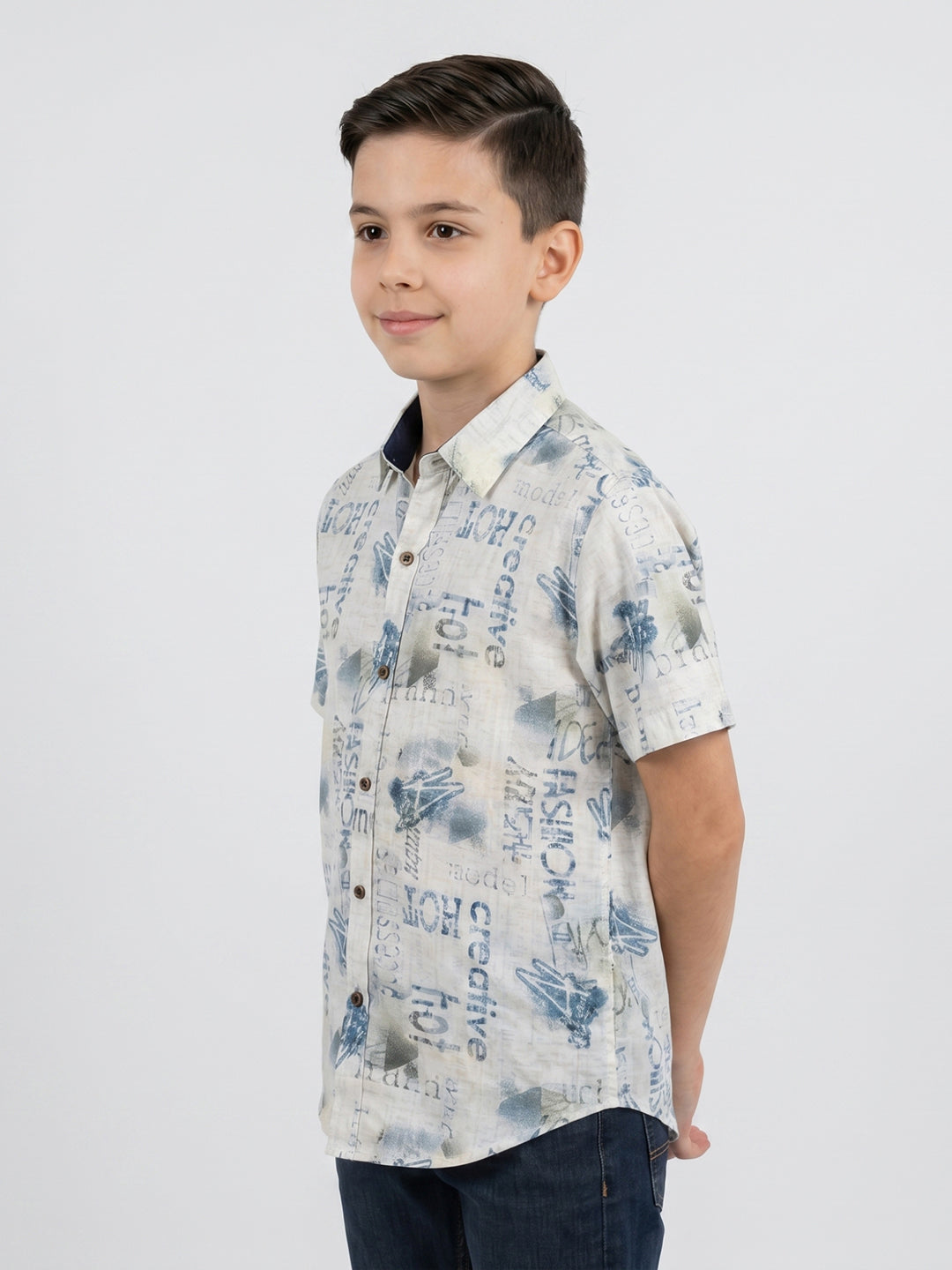 Boys Beige Printed Collar Half Sleeve Shirt