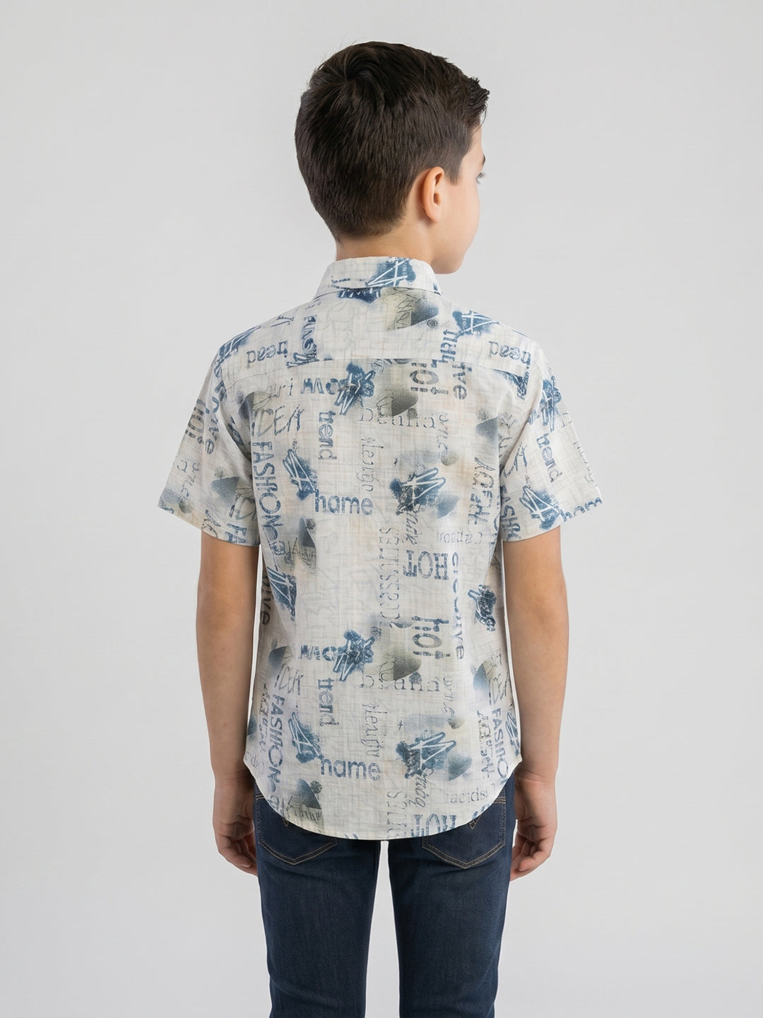 Boys Beige Printed Collar Half Sleeve Shirt