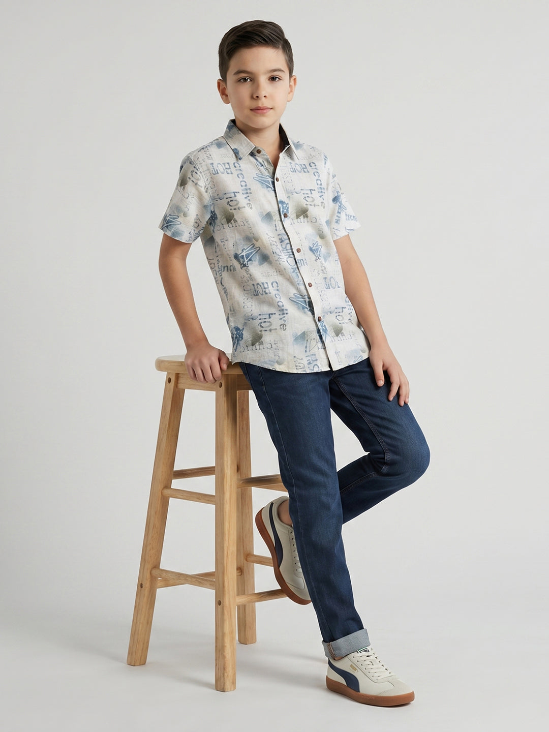 Boys Beige Printed Collar Half Sleeve Shirt