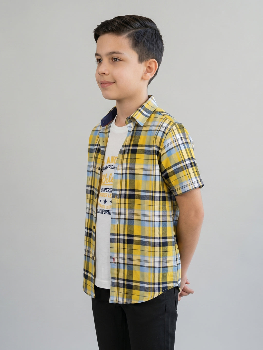 Boys Mustard Check Collar Half Sleeve Shirt Set with Inner T-Shirt