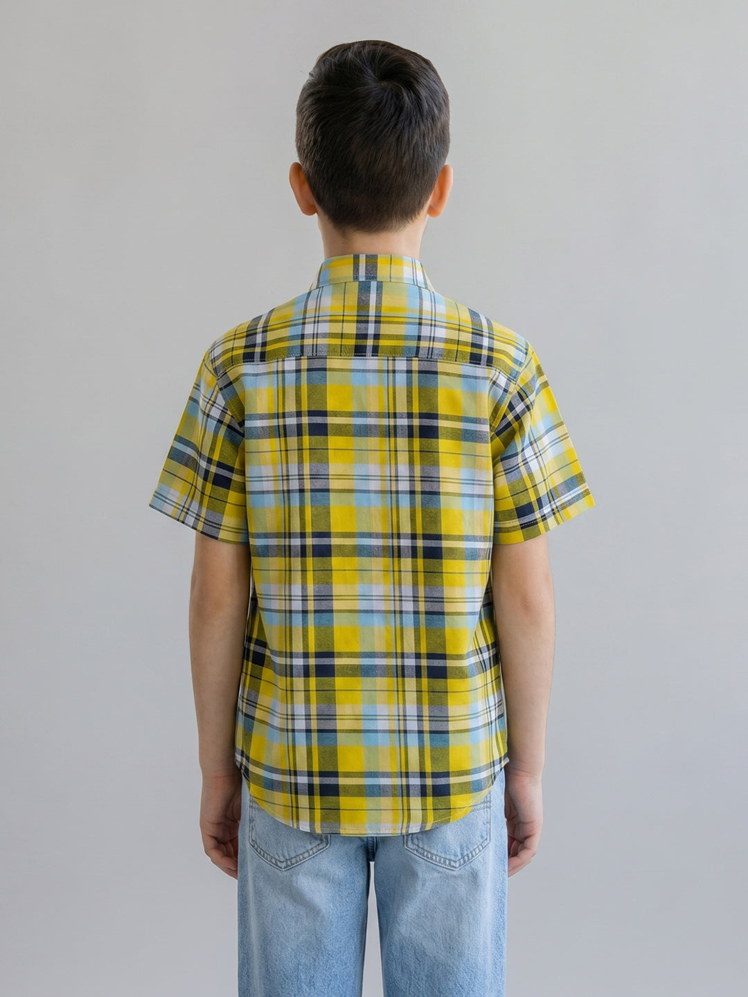 Boys Mustard Check Collar Half Sleeve Shirt Set with Inner T-Shirt