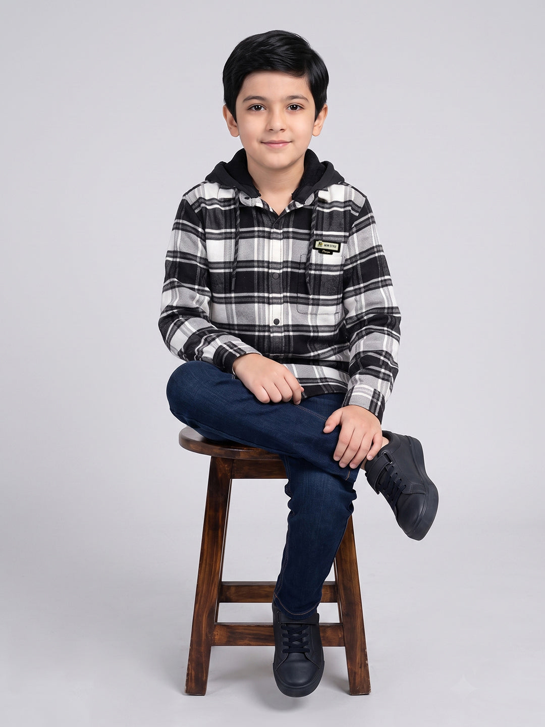 Boys Black Check Hooded Full Sleeve Shirt with Detachable Hood