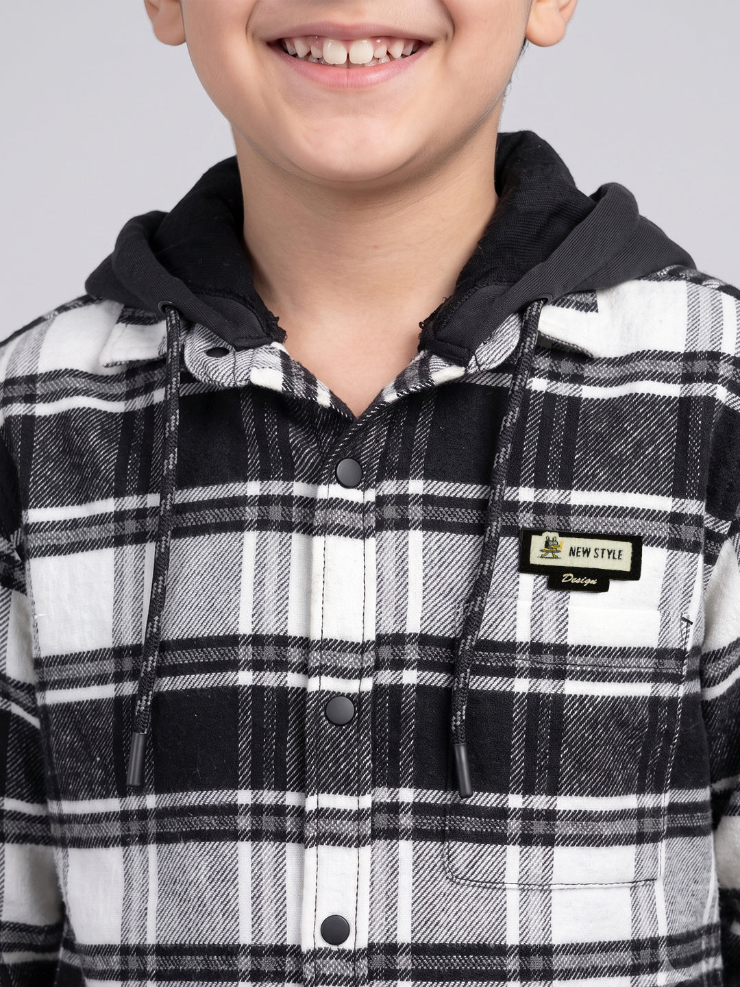 Boys Black Check Hooded Full Sleeve Shirt with Detachable Hood
