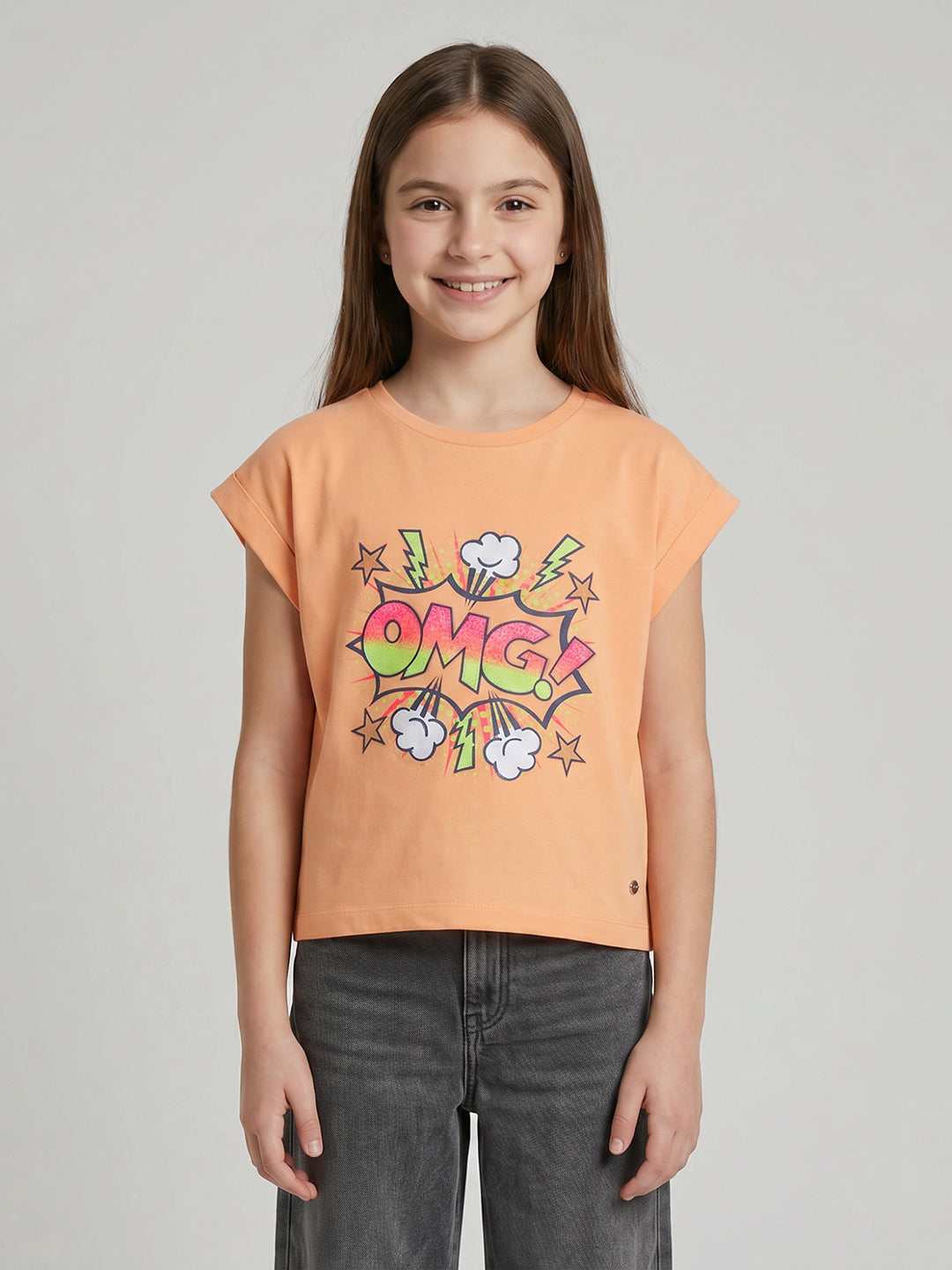 Girls Peach Printed Round Neck Half Sleeve Top