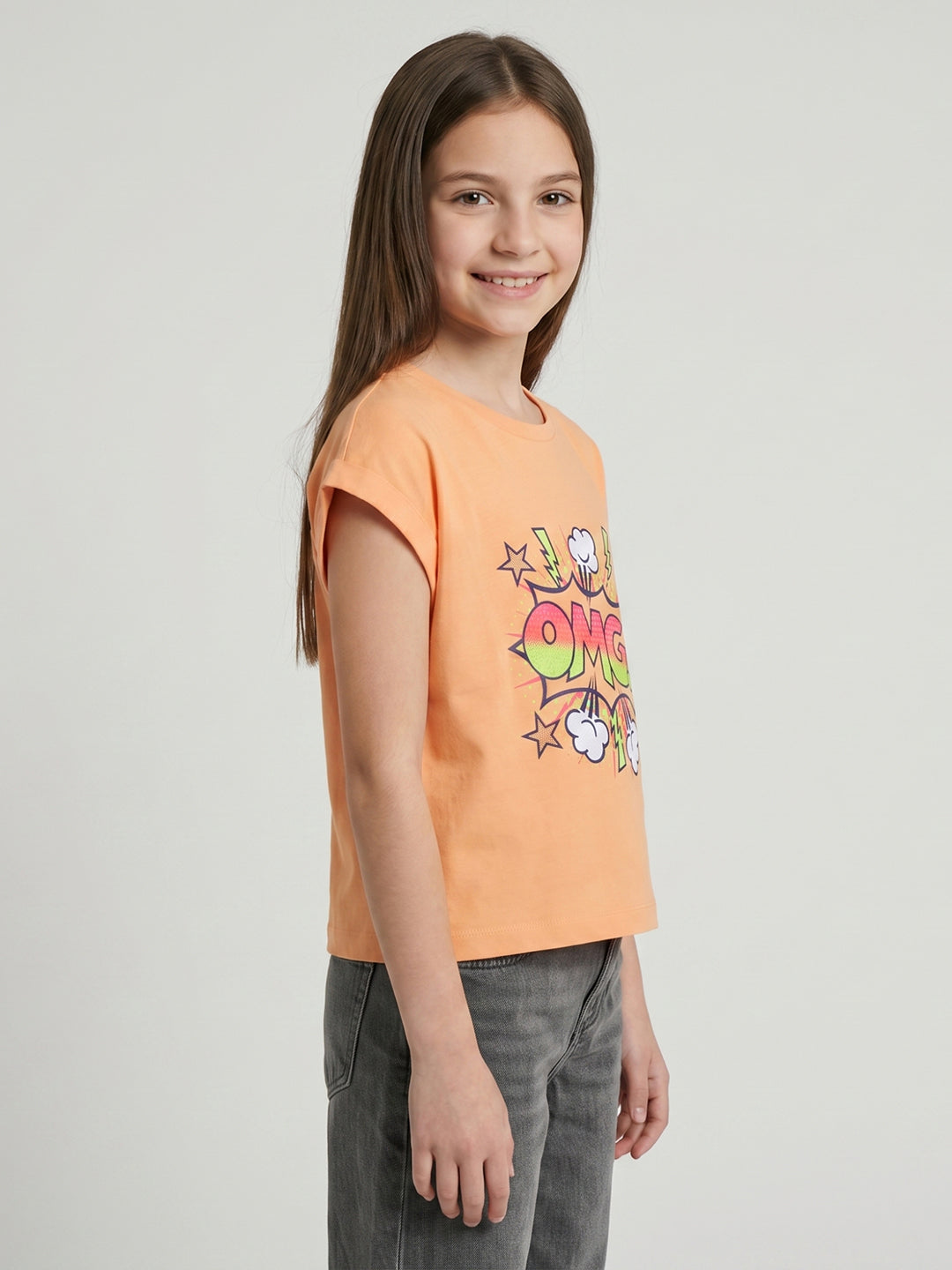Girls Peach Printed Round Neck Half Sleeve Top