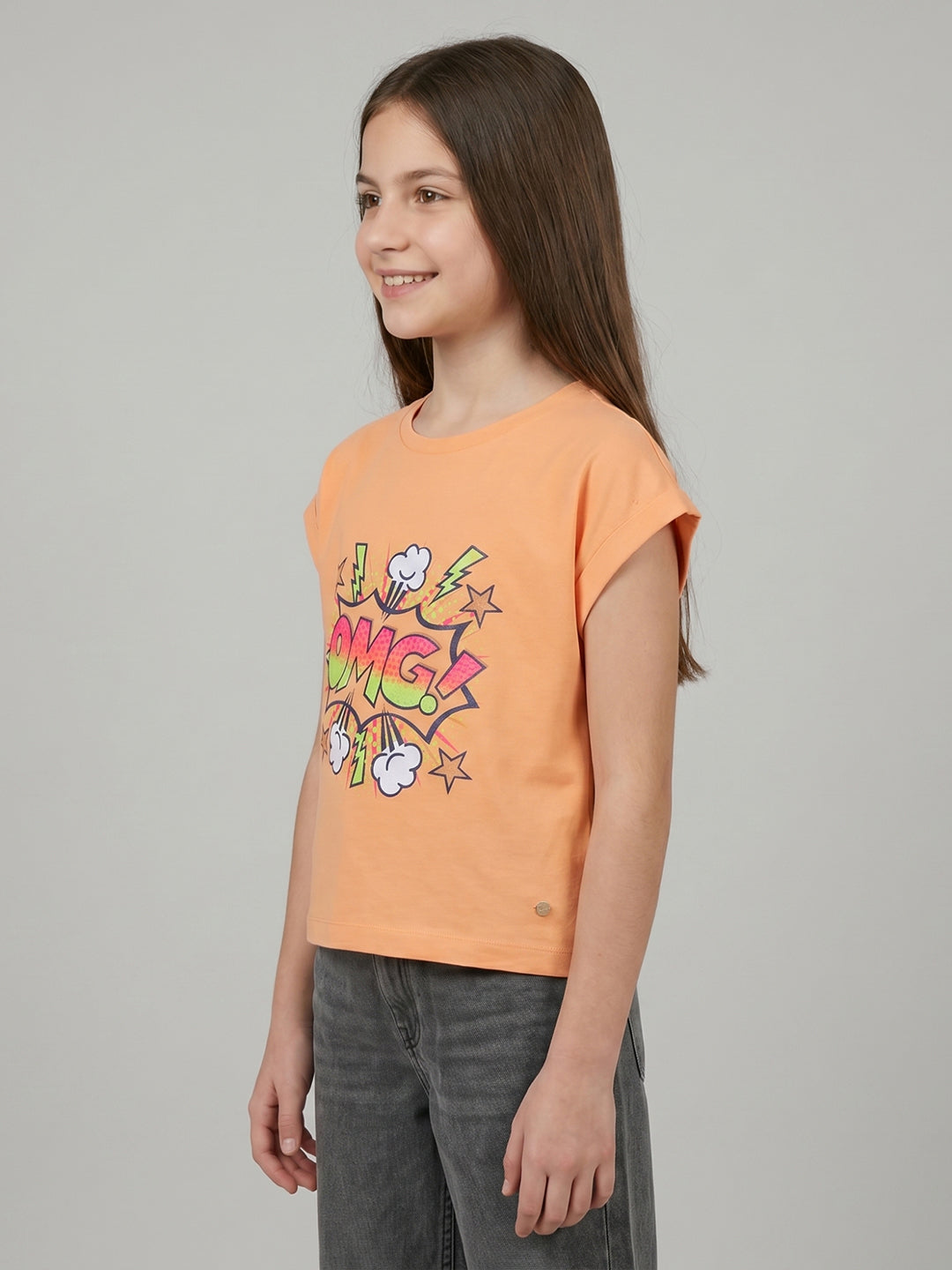 Girls Peach Printed Round Neck Half Sleeve Top