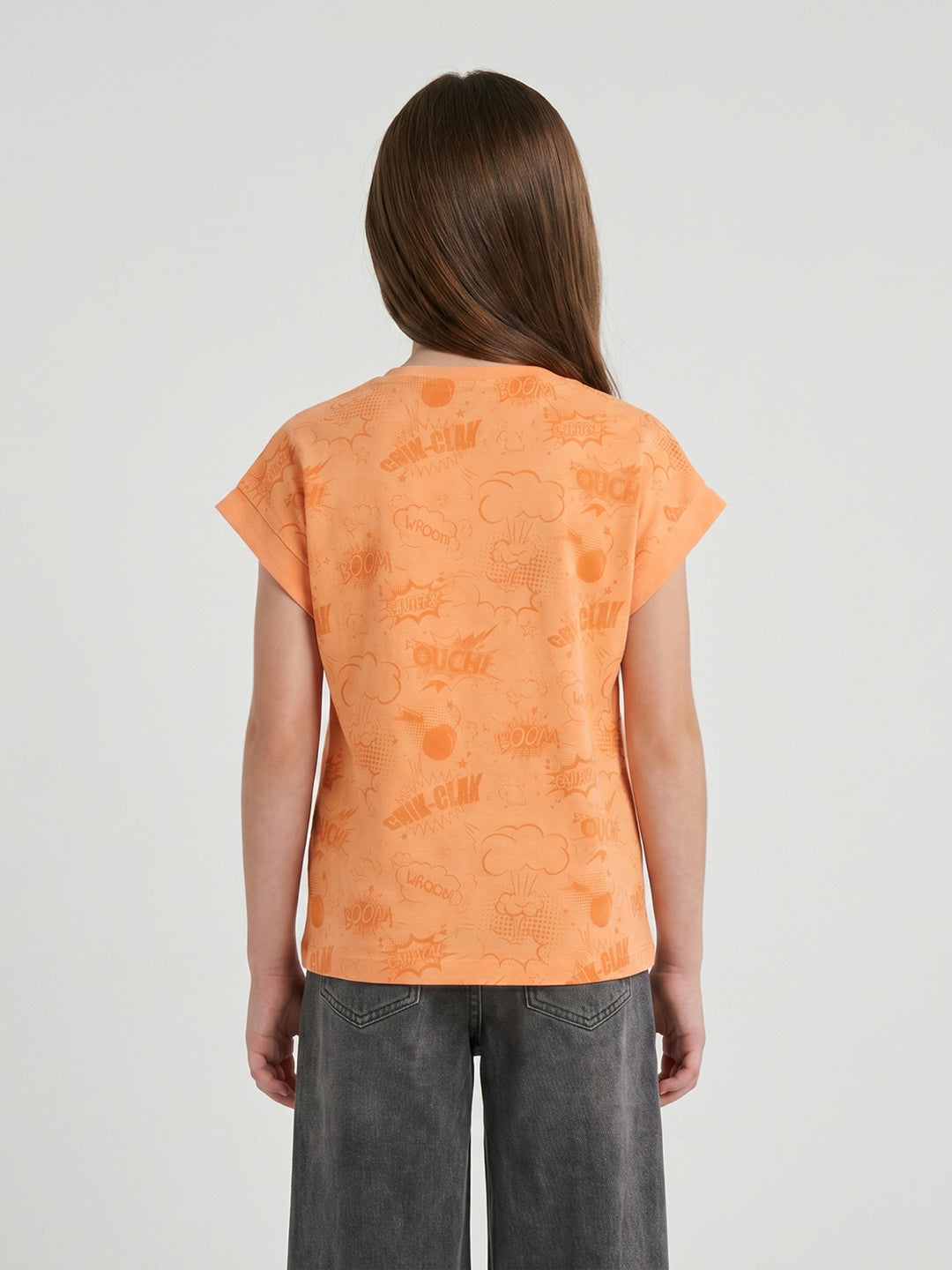 Girls Peach Printed Round Neck Half Sleeve Top
