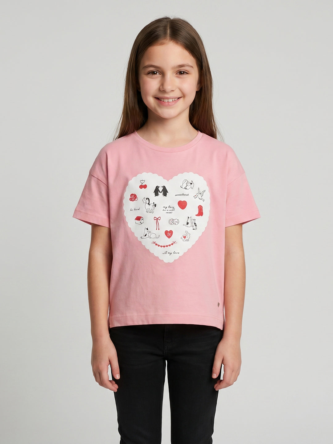 Girls Peach Printed Round Neck Half Sleeve Top