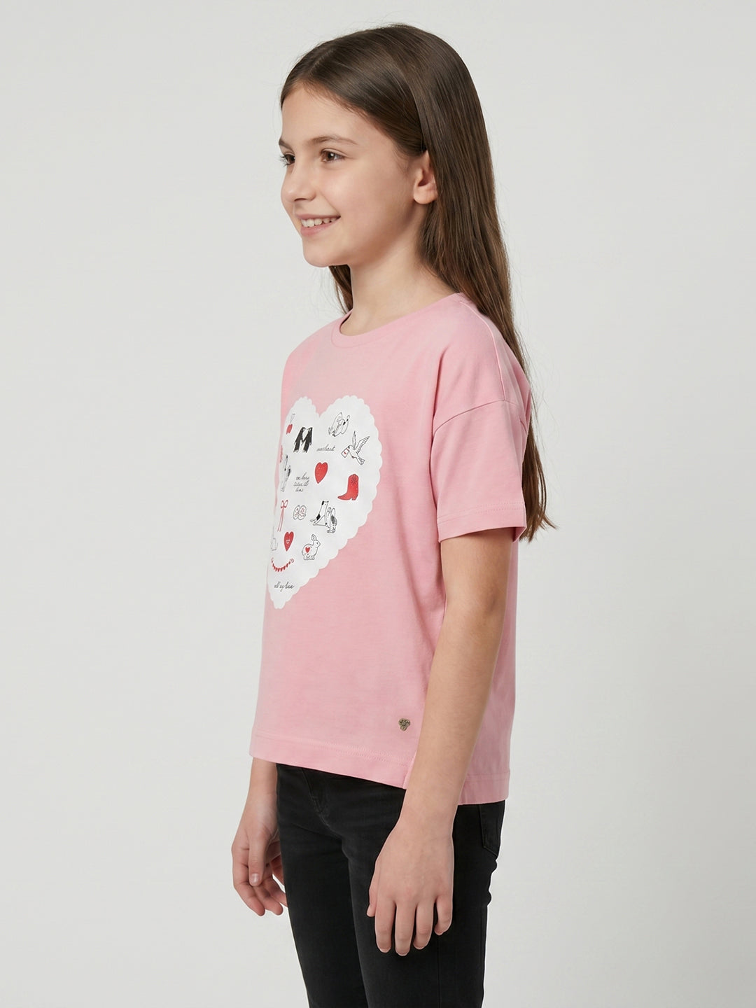 Girls Peach Printed Round Neck Half Sleeve Top