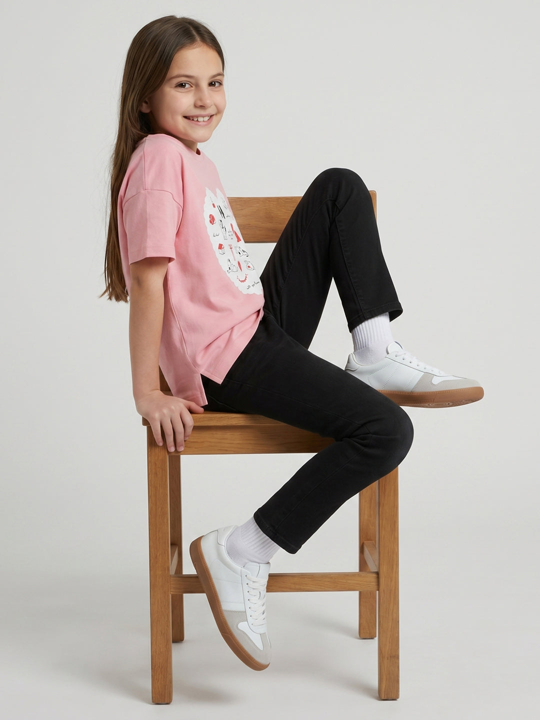 Girls Peach Printed Round Neck Half Sleeve Top