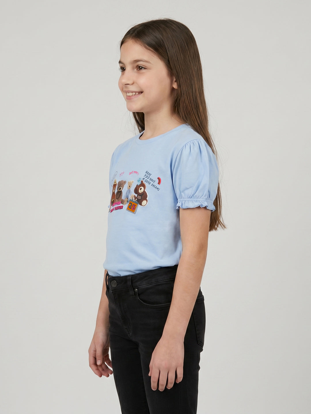 Girls Sky Blue Printed Round Neck Half Sleeve Top