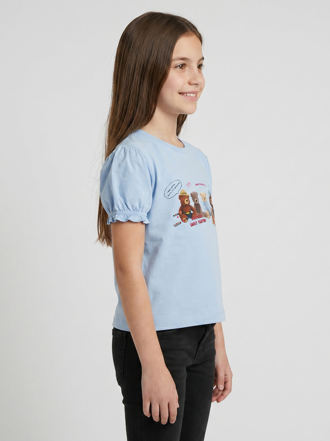 Girls Sky Blue Printed Round Neck Half Sleeve Top