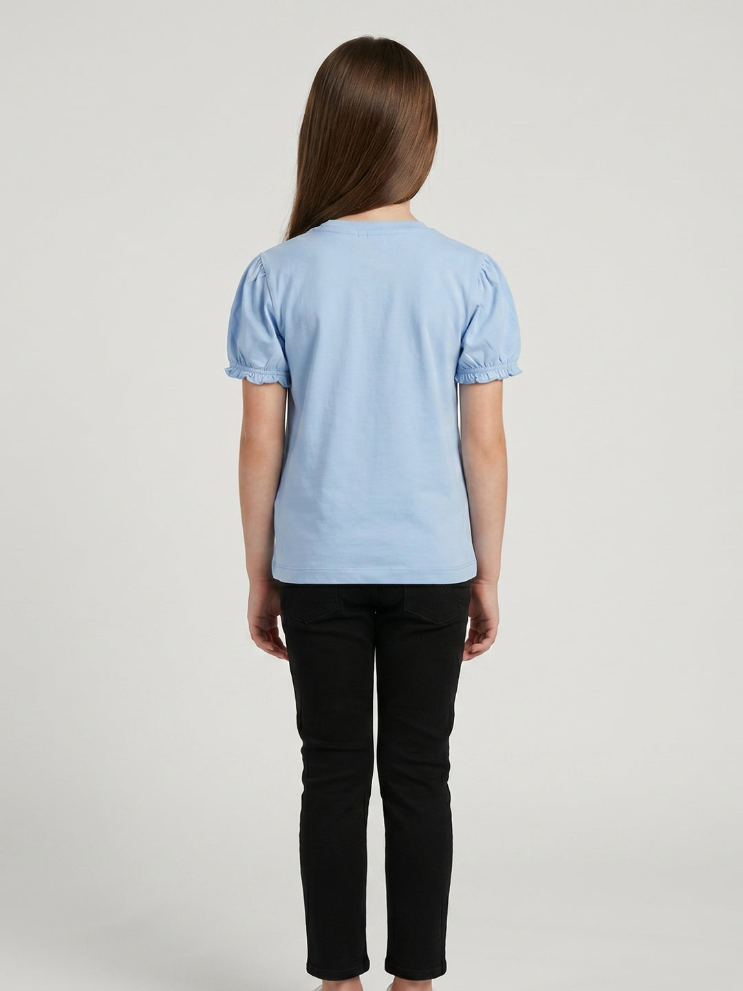 Girls Sky Blue Printed Round Neck Half Sleeve Top
