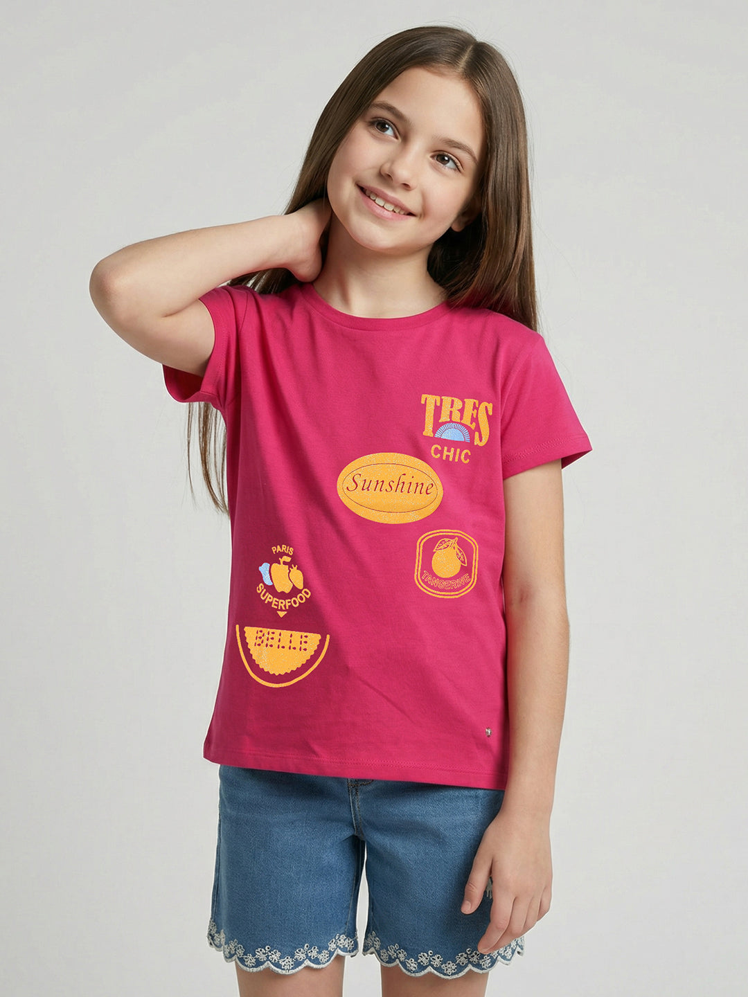 Girls Magenta Printed Round Neck Half Sleeve Top