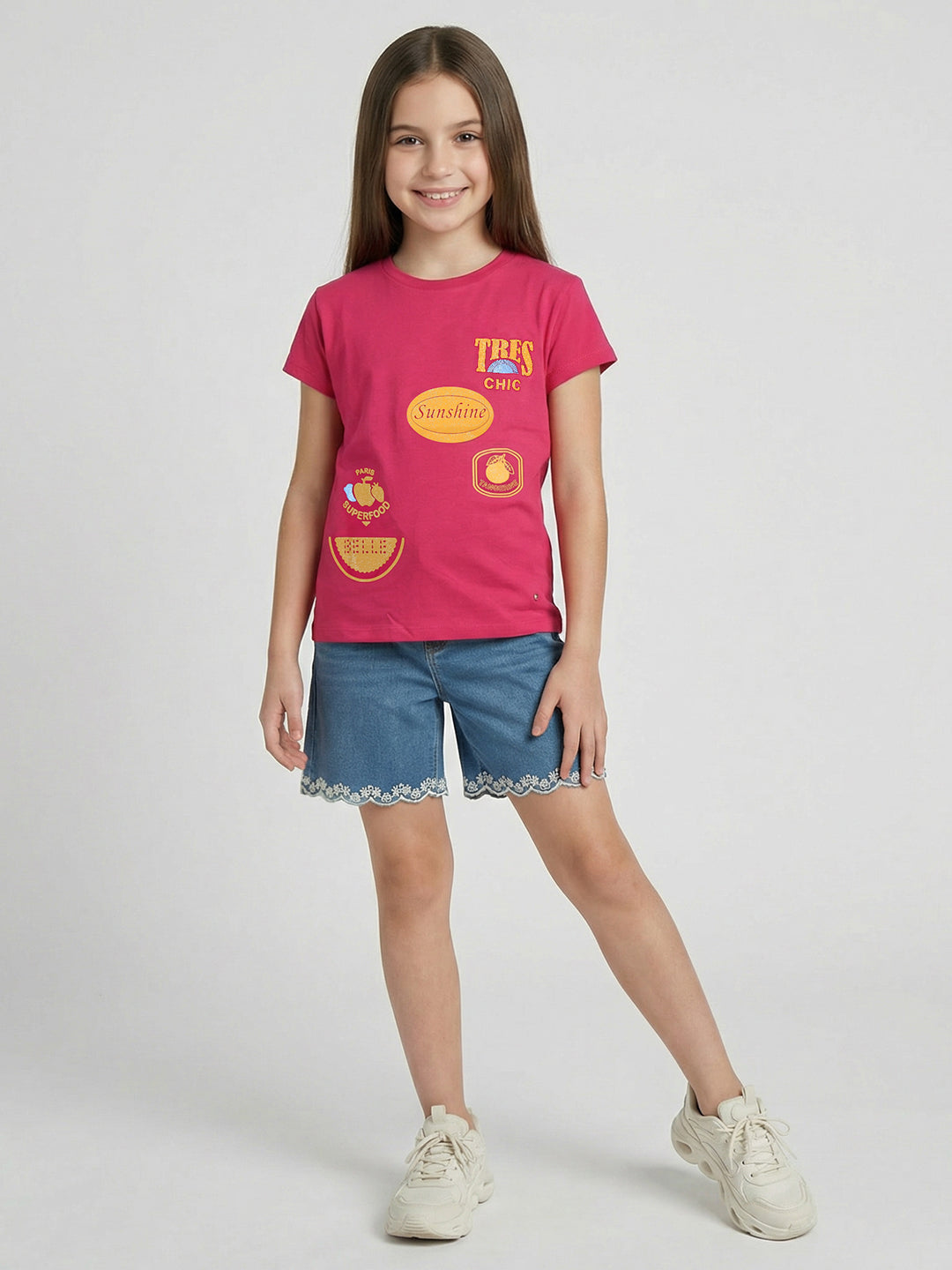Girls Magenta Printed Round Neck Half Sleeve Top
