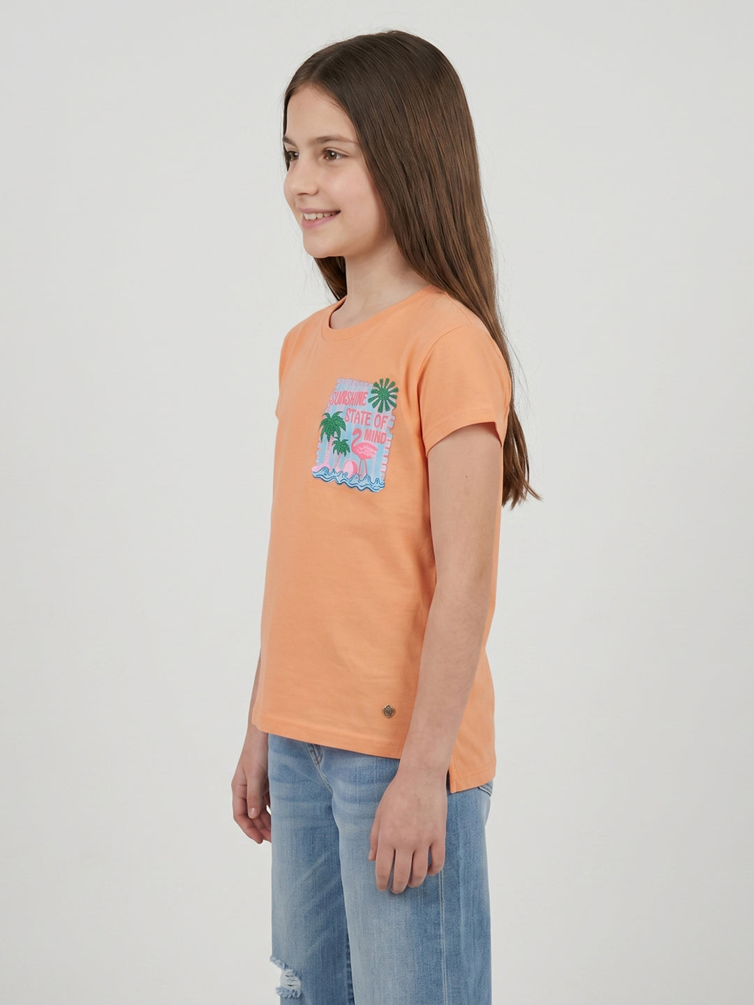 Girls Peach Printed Round Neck Half Sleeve Top