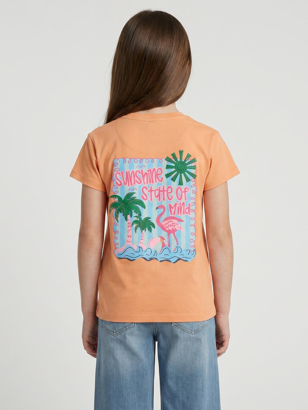 Girls Peach Printed Round Neck Half Sleeve Top