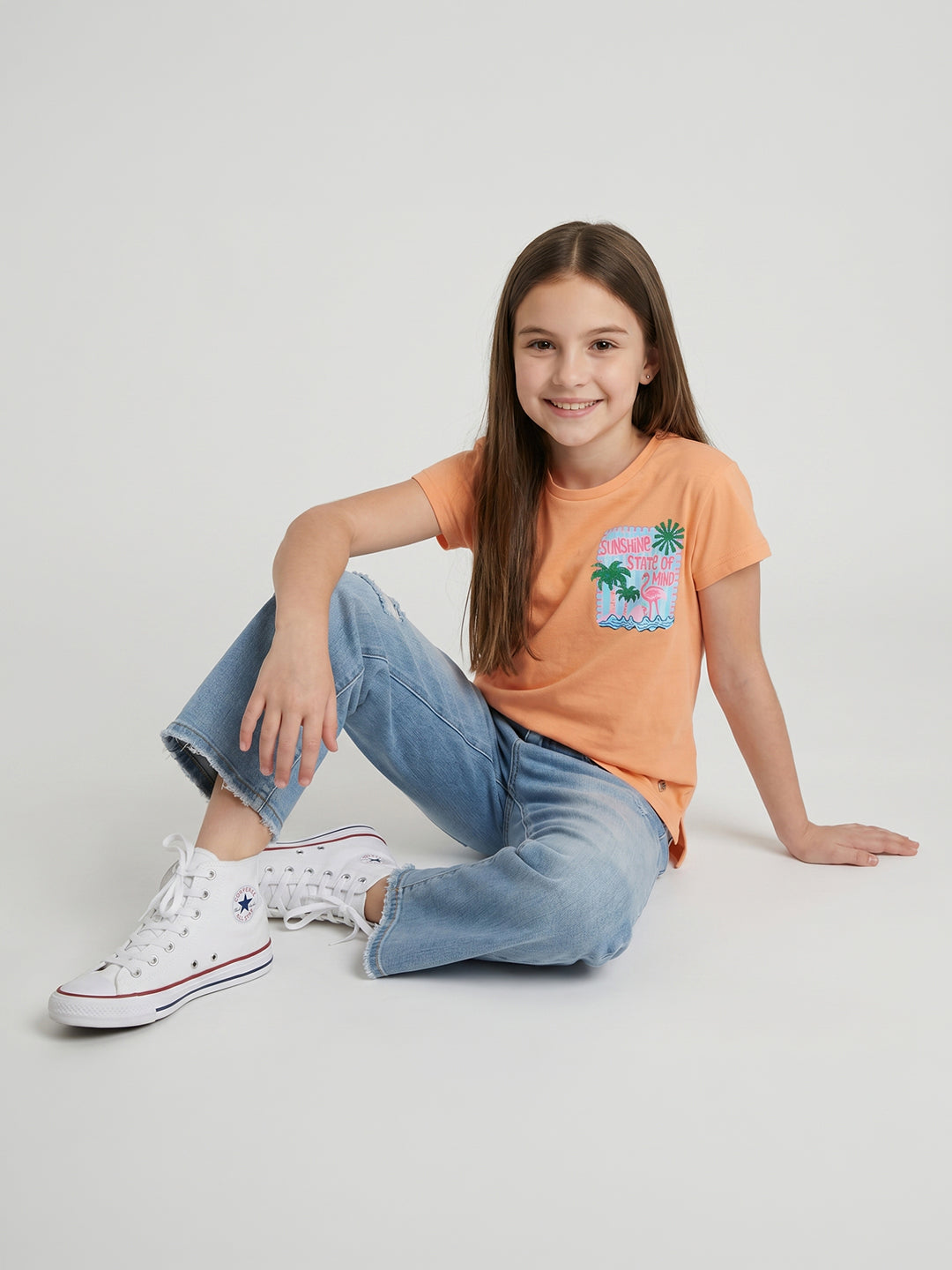 Girls Peach Printed Round Neck Half Sleeve Top