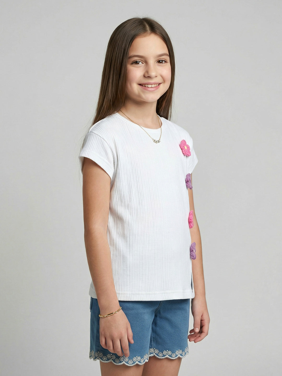 Girls Off White Self Design Round Neck Half Sleeve Top