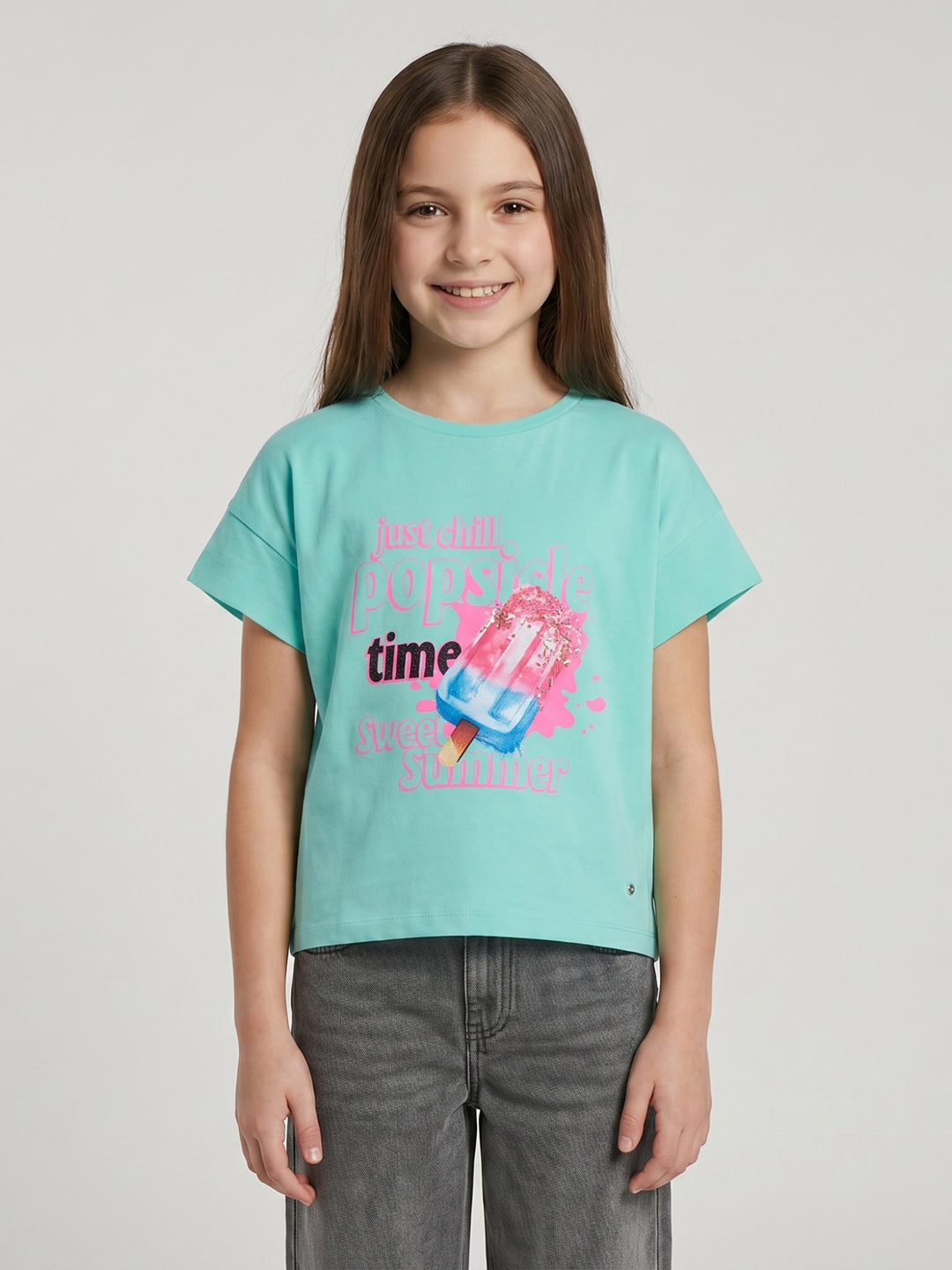 Girls Sea Green Printed Round Neck Half Sleeve Top
