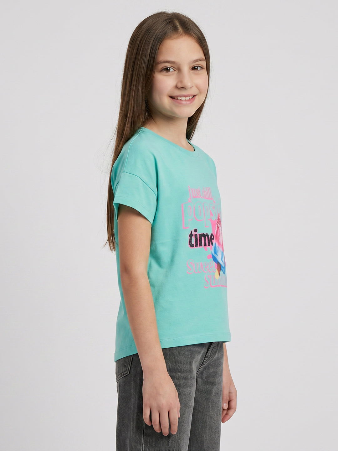 Girls Sea Green Printed Round Neck Half Sleeve Top
