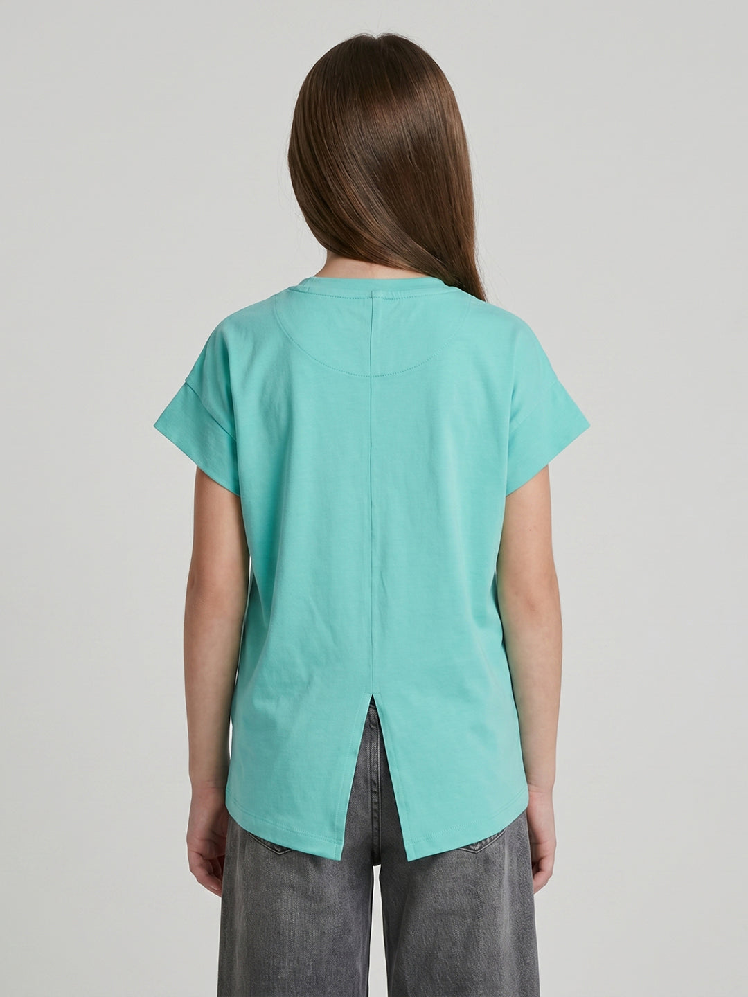 Girls Sea Green Printed Round Neck Half Sleeve Top