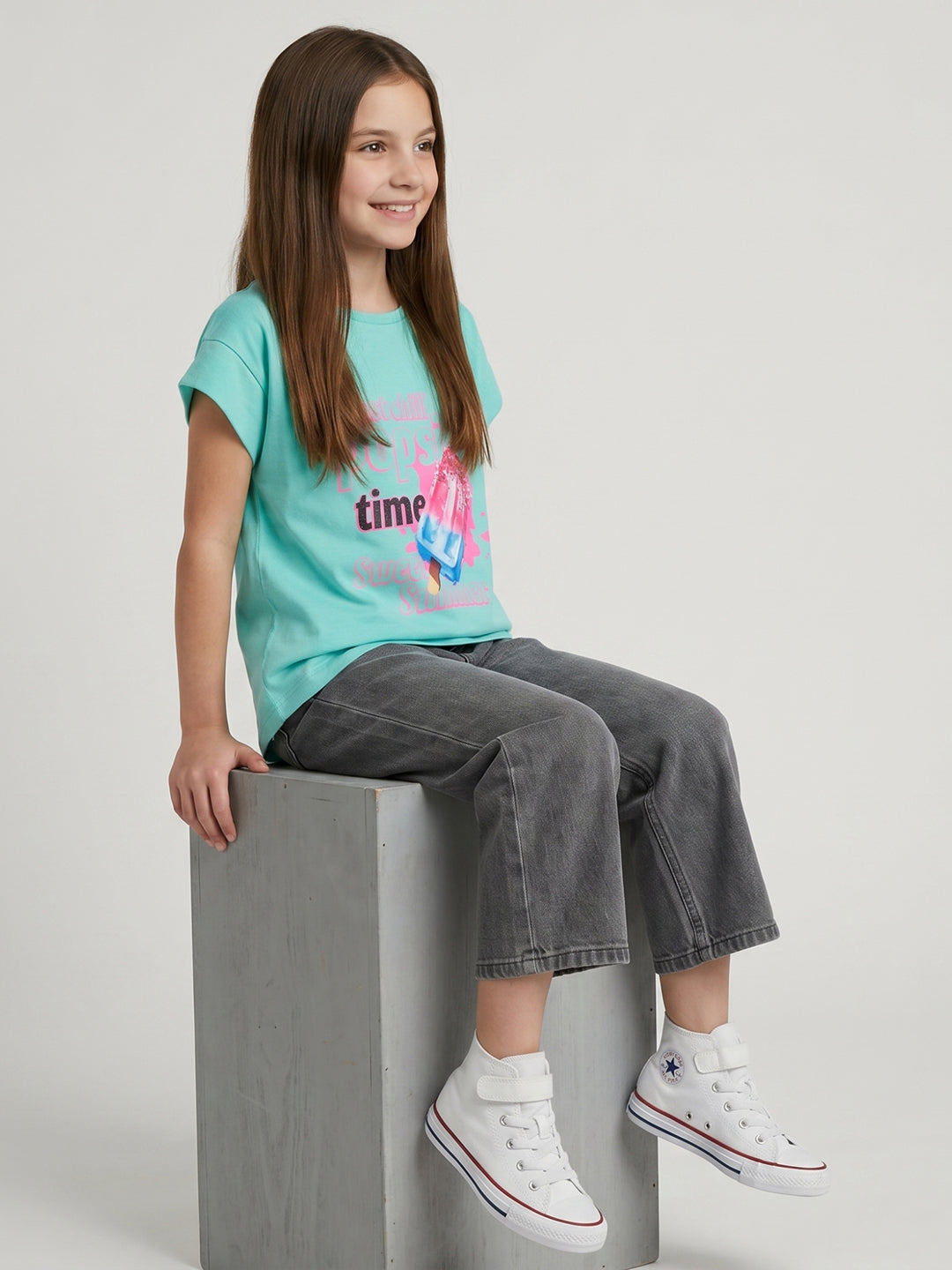 Girls Sea Green Printed Round Neck Half Sleeve Top