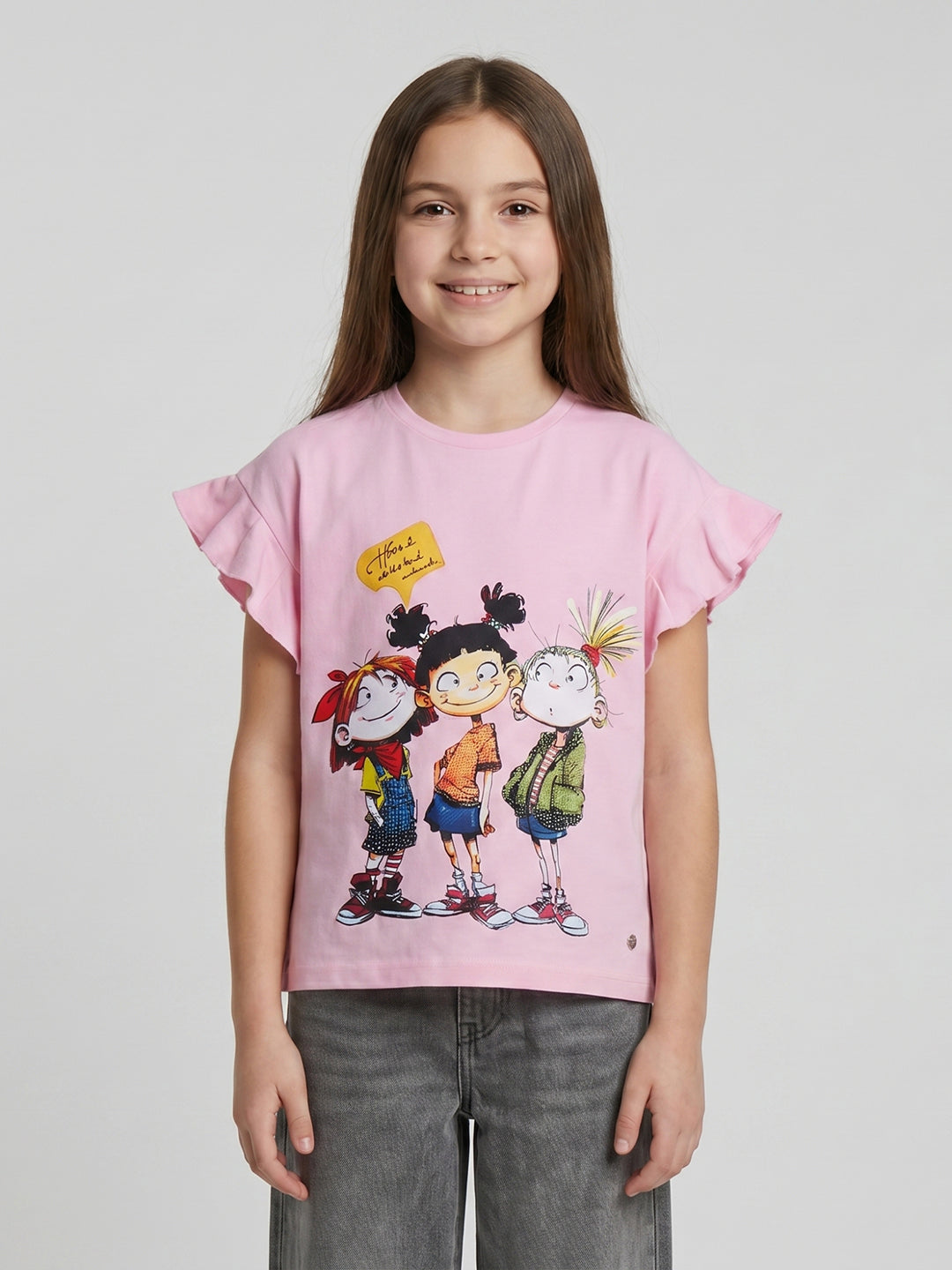 Girls Pink Printed Round Neck Half Sleeve Top