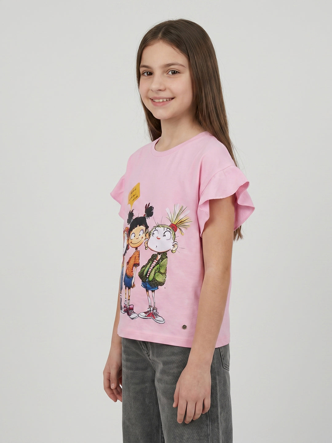 Girls Pink Printed Round Neck Half Sleeve Top