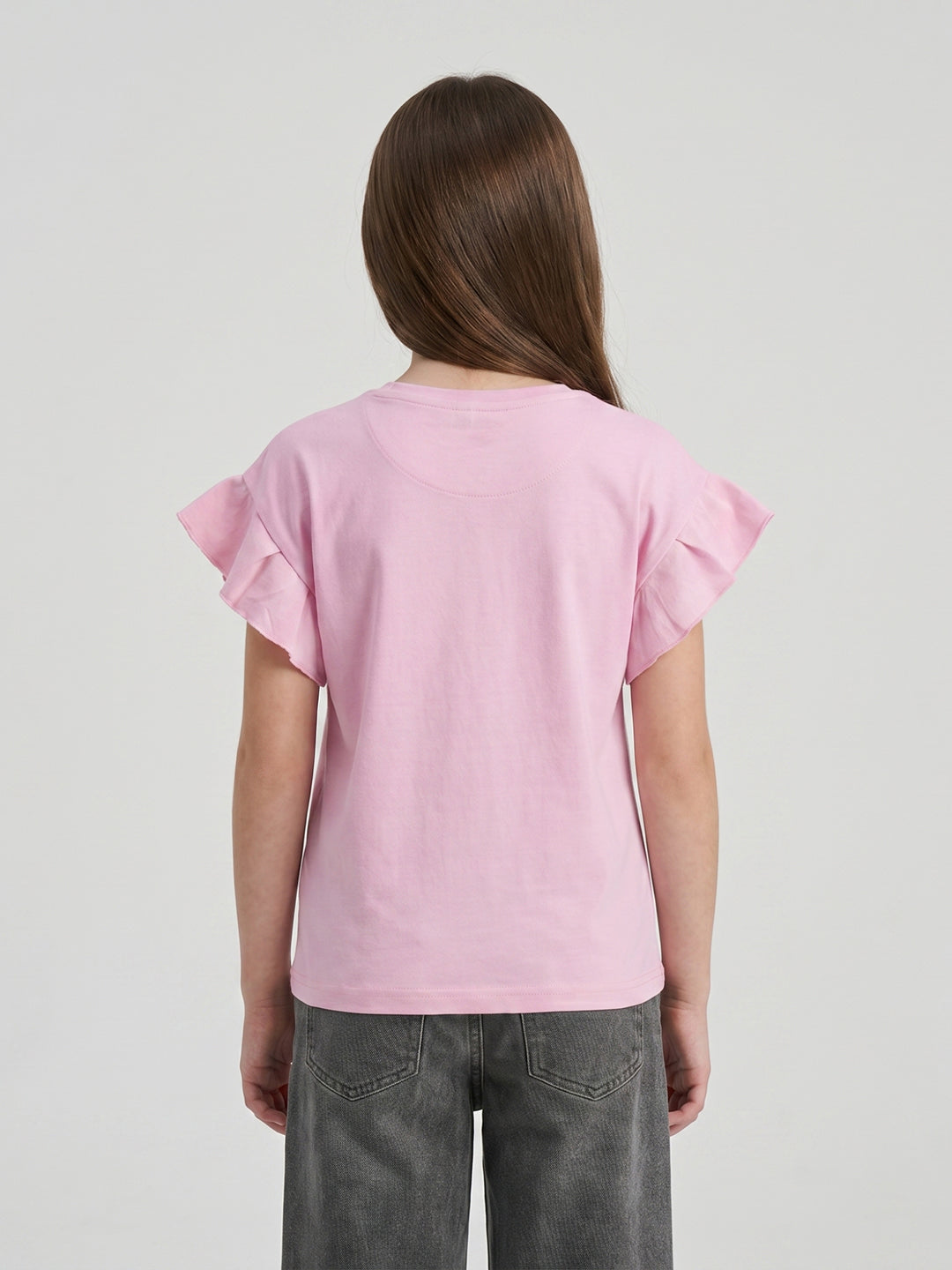 Girls Pink Printed Round Neck Half Sleeve Top