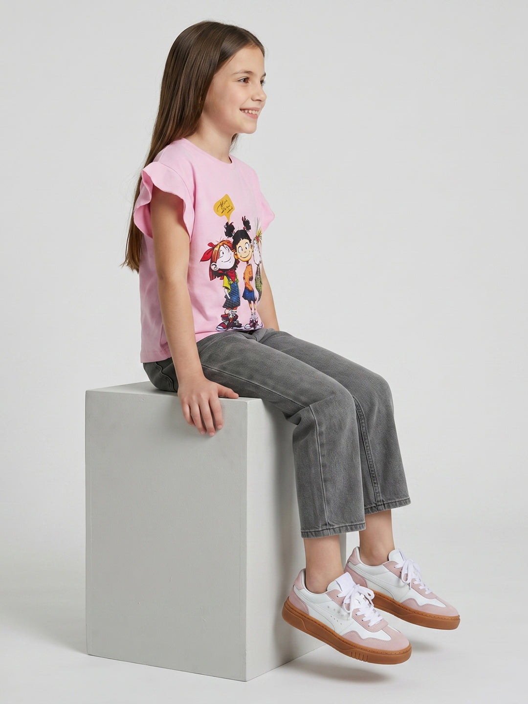 Girls Pink Printed Round Neck Half Sleeve Top