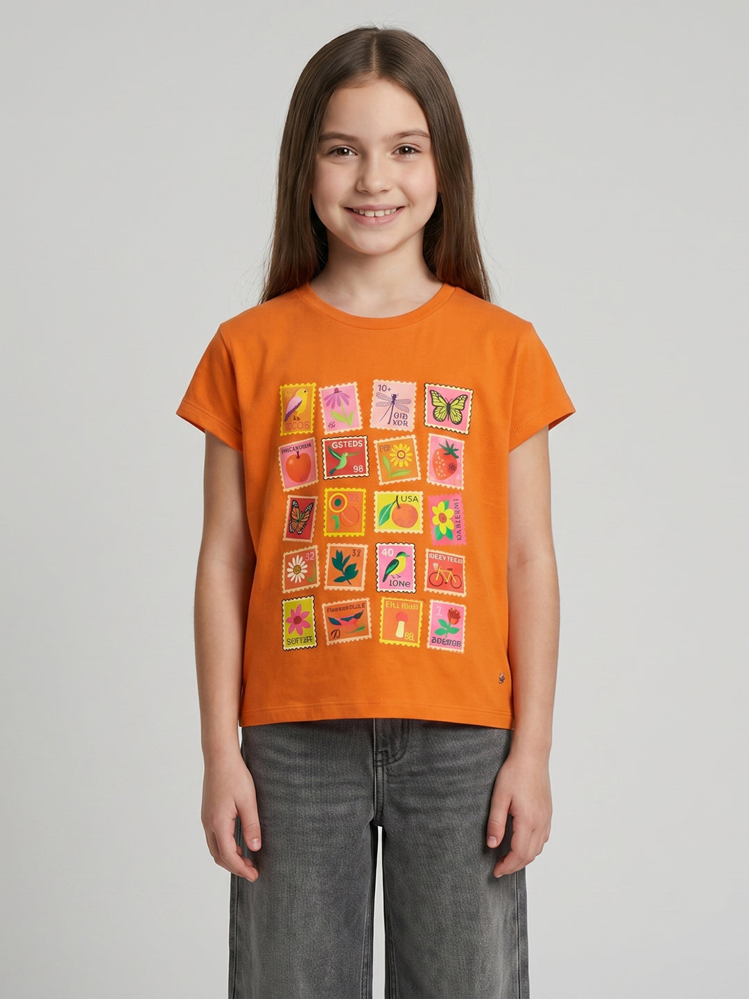 Girls Orange Printed Round Neck Half Sleeve Top
