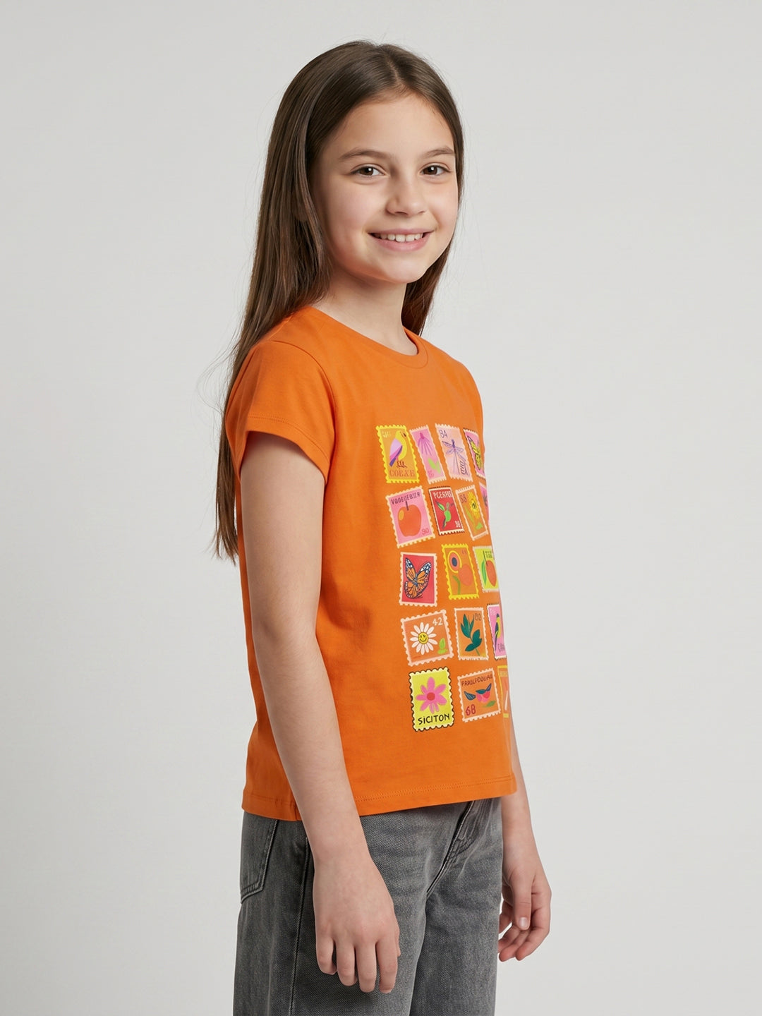 Girls Orange Printed Round Neck Half Sleeve Top