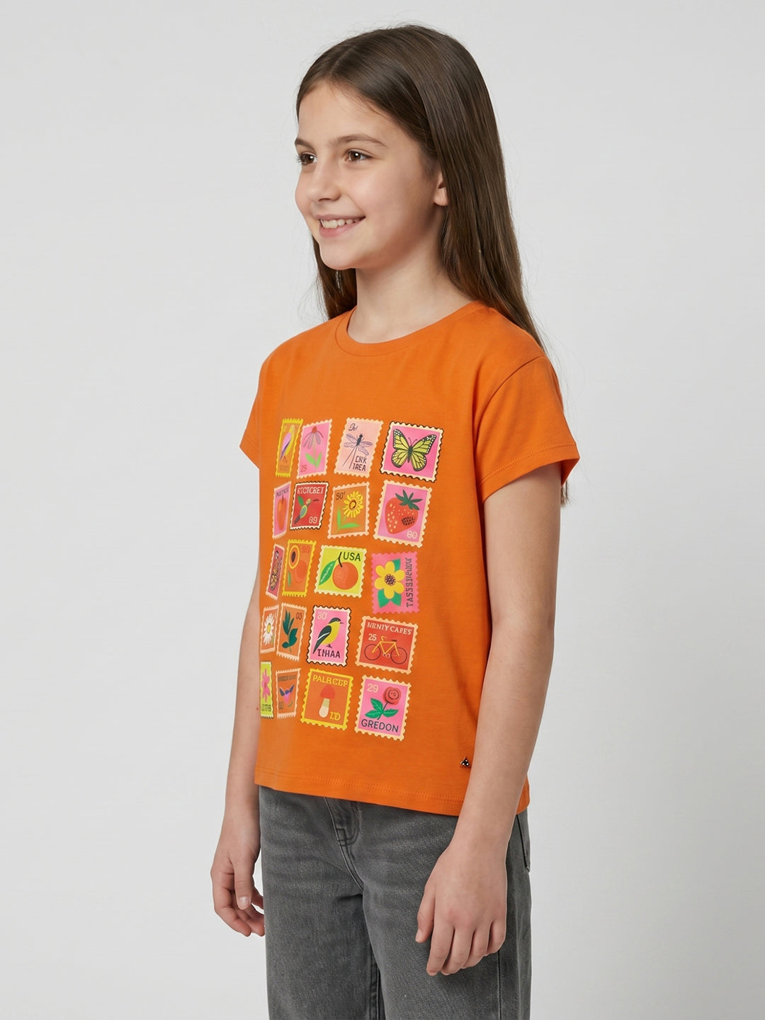 Girls Orange Printed Round Neck Half Sleeve Top