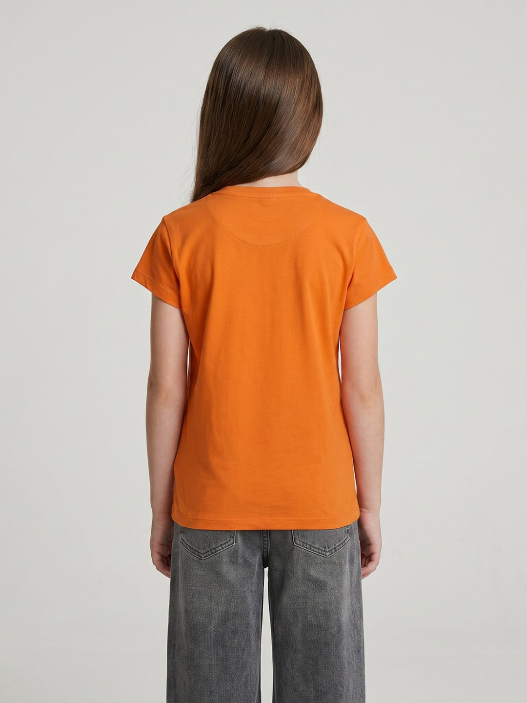 Girls Orange Printed Round Neck Half Sleeve Top