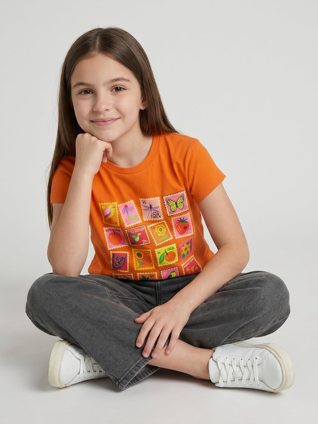 Girls Orange Printed Round Neck Half Sleeve Top