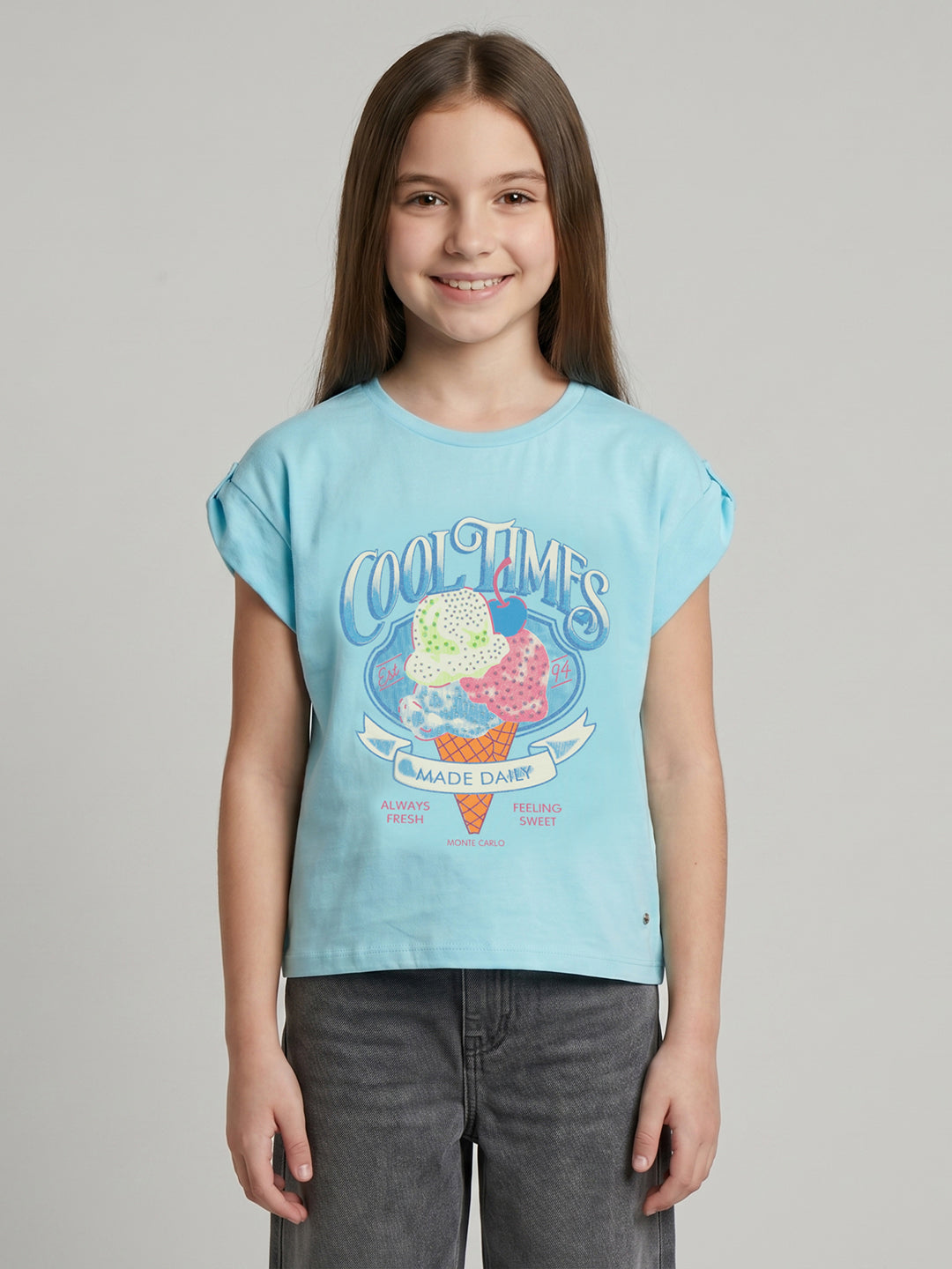 Girls Aqua Blue Printed Round Neck Half Sleeve Top