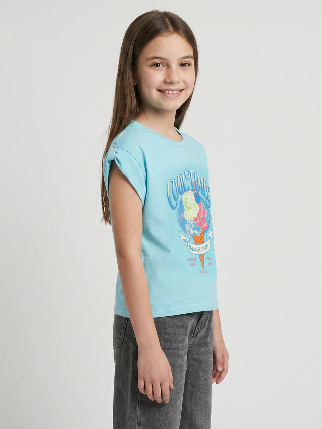 Girls Aqua Blue Printed Round Neck Half Sleeve Top
