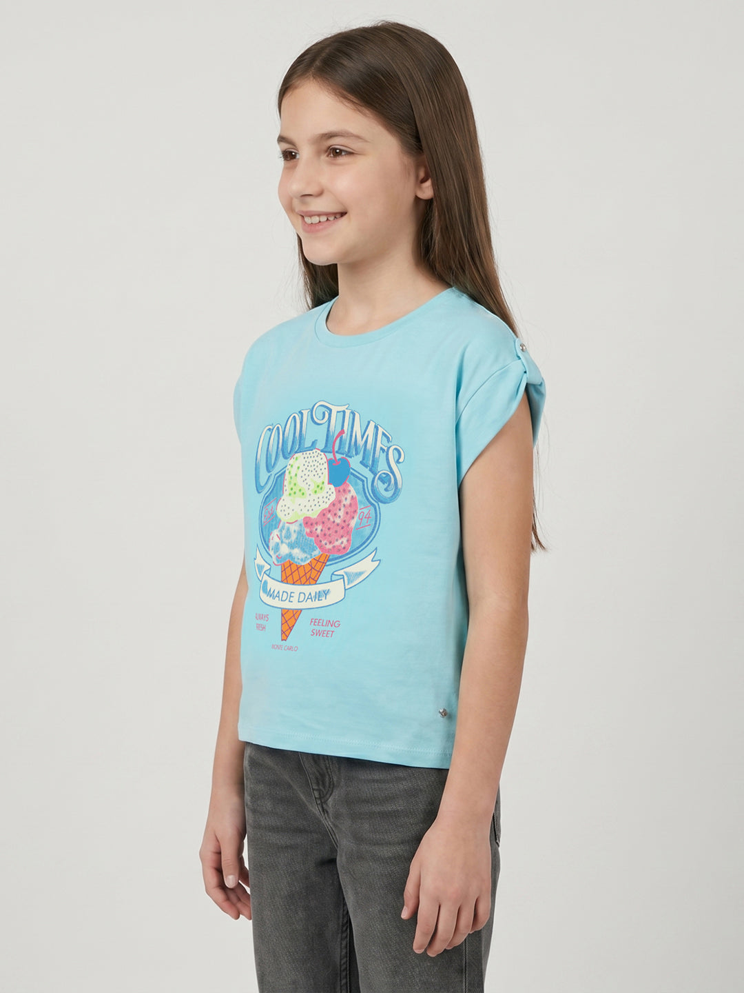 Girls Aqua Blue Printed Round Neck Half Sleeve Top
