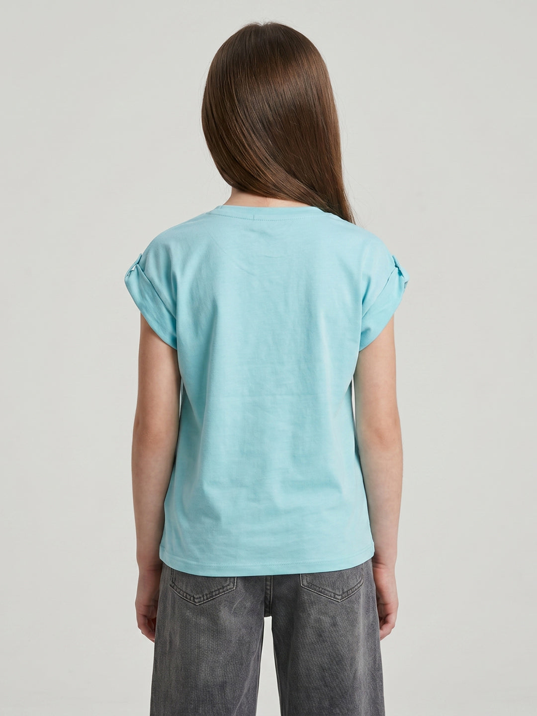 Girls Aqua Blue Printed Round Neck Half Sleeve Top