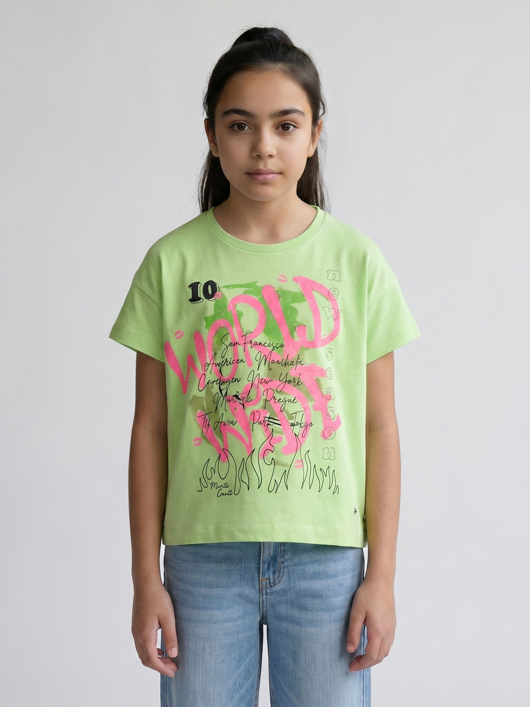 Girls Fluorescent Green Printed Round Neck Half Sleeve Top