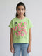 Girls Fluorescent Green Printed Round Neck Half Sleeve Top
