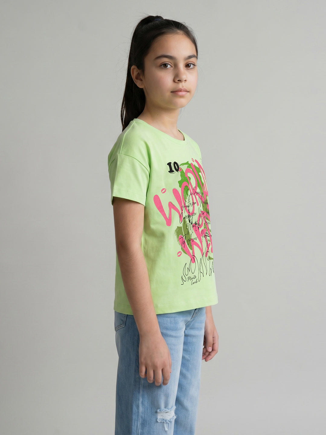 Girls Fluorescent Green Printed Round Neck Half Sleeve Top