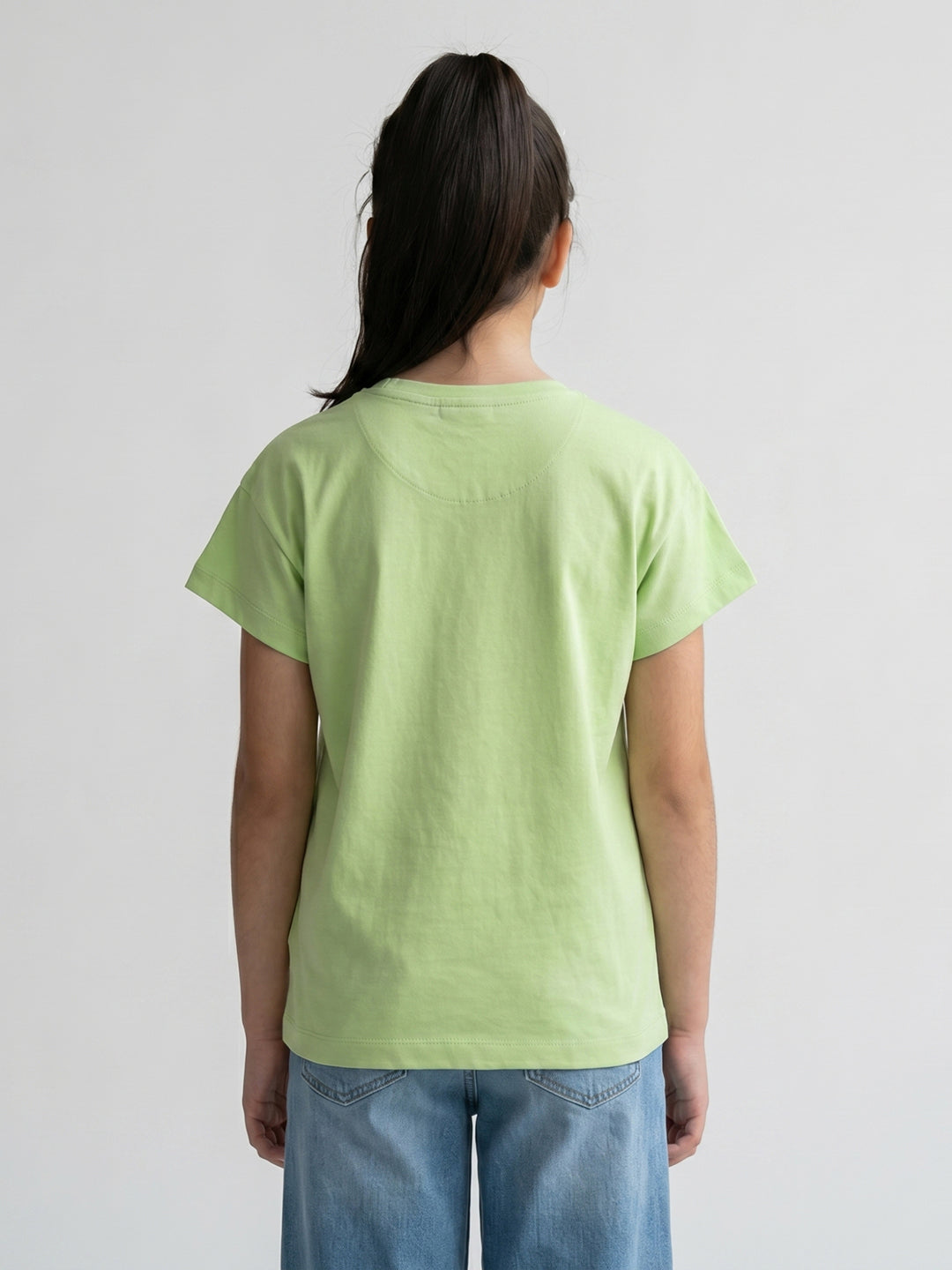Girls Fluorescent Green Printed Round Neck Half Sleeve Top