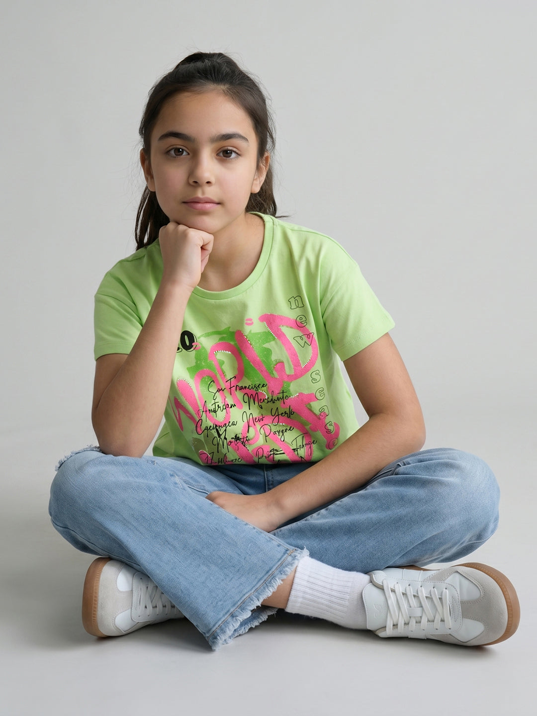 Girls Fluorescent Green Printed Round Neck Half Sleeve Top