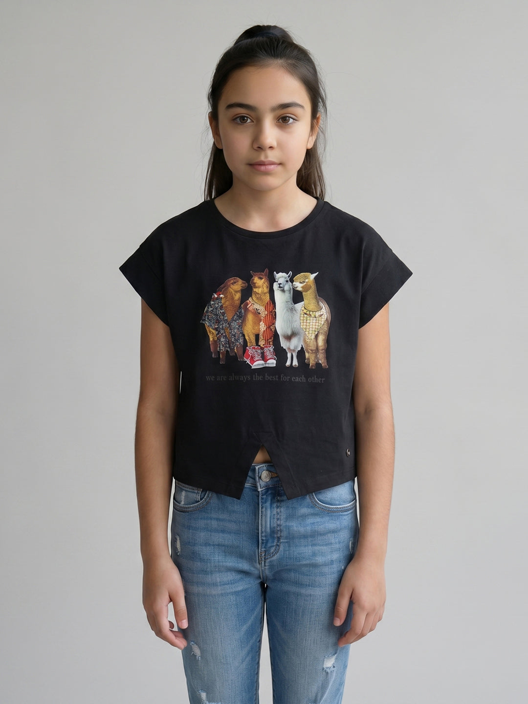 Girls Black Printed Round Neck Half Sleeve Top
