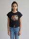 Girls Black Printed Round Neck Half Sleeve Top