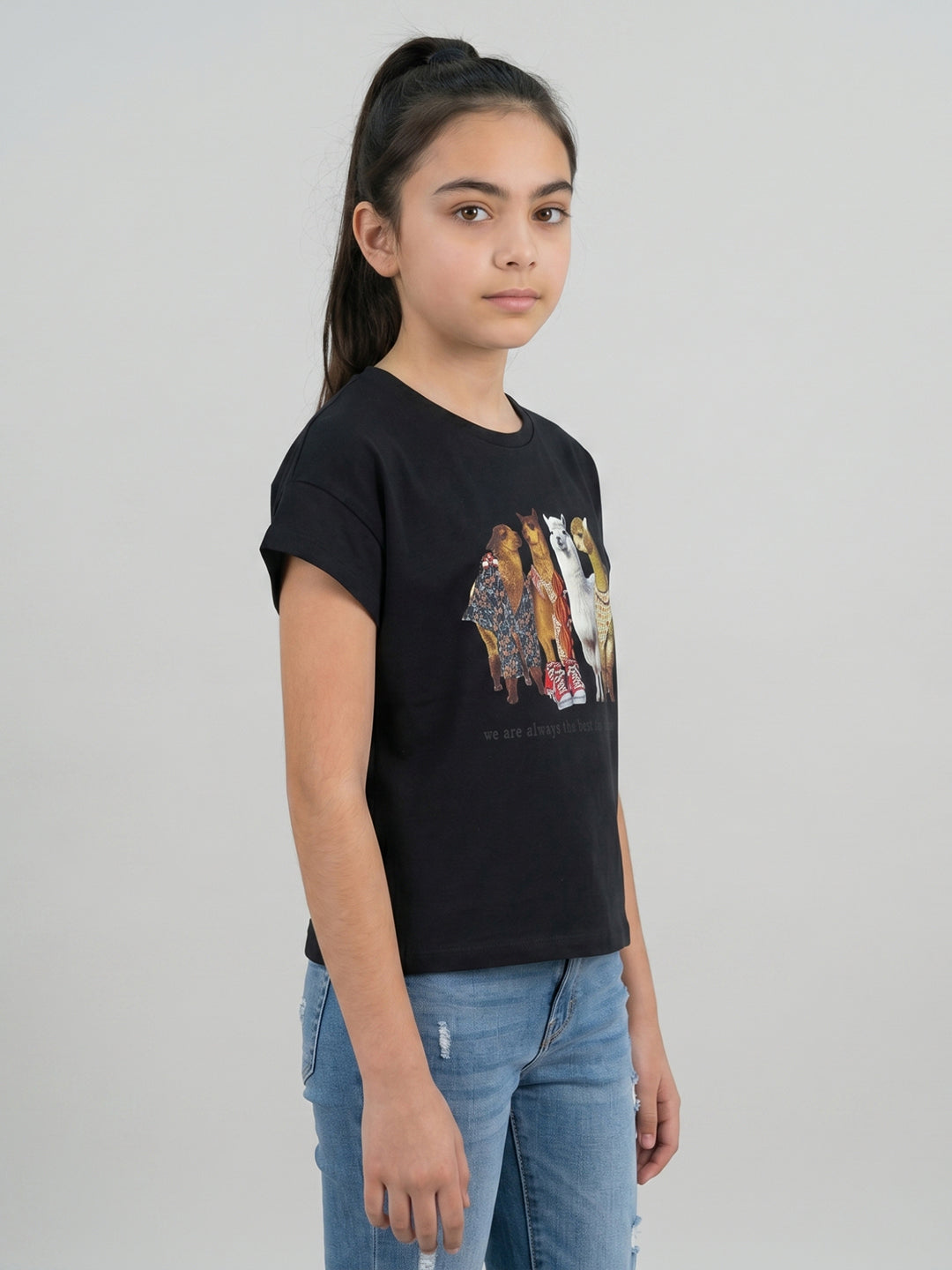 Girls Black Printed Round Neck Half Sleeve Top